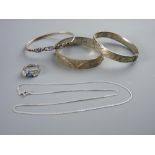 TWO HALLMARKED SILVER BANGLES with other 925 marked jewellery, 66 grms gross including a further