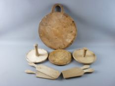 A COLLECTION OF SYCAMORE & OTHER BUTTER PATS, bread board etc