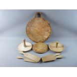 A COLLECTION OF SYCAMORE & OTHER BUTTER PATS, bread board etc