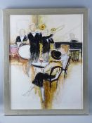 DUPRE coloured print - two figures seated in a cafe being entertained by a pianist and three