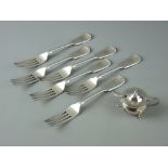 A SET OF SIX GOOD CRESTED FIDDLE PATTERNED ELECTROPLATED DINNER FORKS and an electroplated