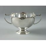 A HALLMARKED SILVER TWIN HANDLED PEDESTAL BOWL by the Goldsmith & Silversmith Company, the body of