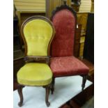 TWO LATE VICTORIAN UPHOLSTERED HALL CHAIRS, a rosewood example with high back having Gothic style