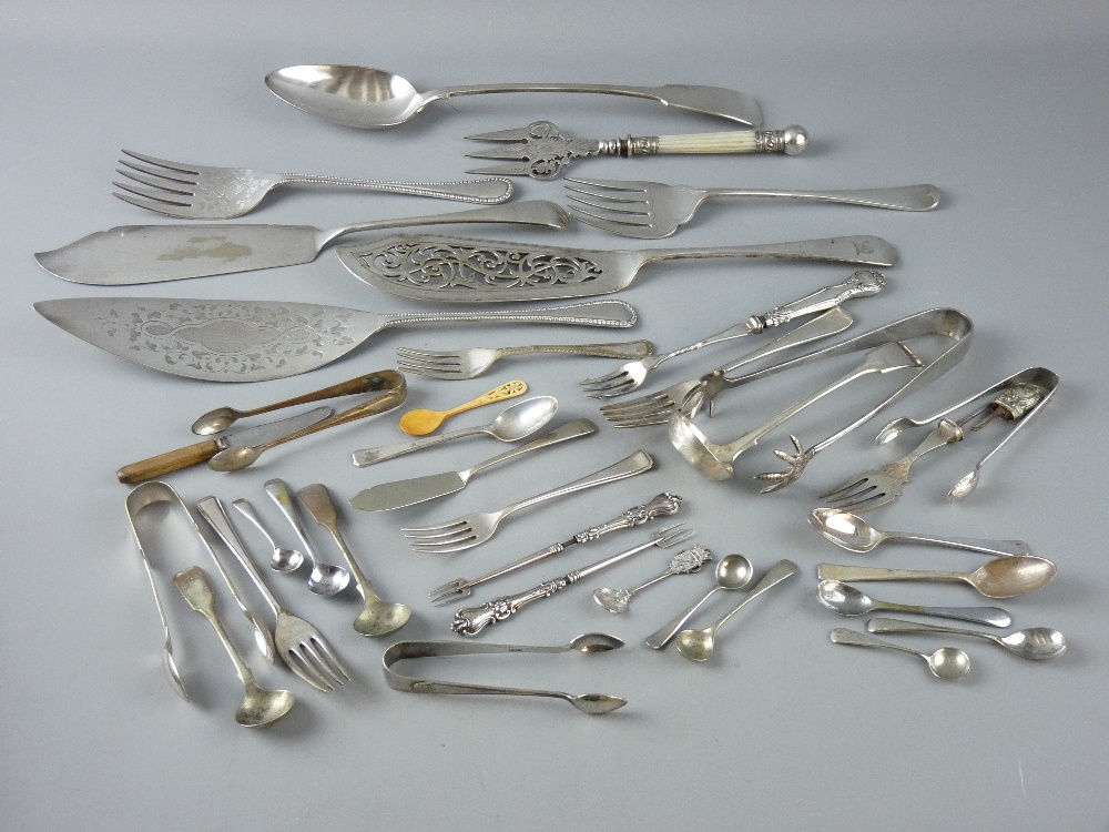 A PARCEL OF MIXED ELECTROPLATED CUTLERY and six items of electroplated cake serving cutlery and a