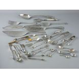 A PARCEL OF MIXED ELECTROPLATED CUTLERY and six items of electroplated cake serving cutlery and a
