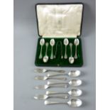 QUANTITY OF HALLMARKED SILVER CUTLERY to include a cased six teaspoon with tongs set, Sheffield 1916