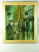 CARL ANSLOOS oil on canvas - wet street scene with guitarist, signed and entitled verso 'Ode to
