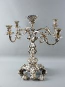 AN ELABORATE LATE 19th/EARLY 20th CENTURY ELECTROPLATED FOUR BRANCH TABLE CENTREPIECE on three heavy