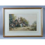 JOSEPH HUGHES CLAYTON watercolour - thatched cottage with farmer and scythe and poultry on a lane,
