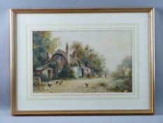 JOSEPH HUGHES CLAYTON watercolour - thatched cottage with farmer and scythe and poultry on a lane,