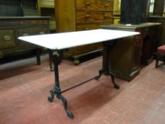 A VICTORIAN MARBLE & CAST IRON CONSERVATORY TABLE, the rectangular white marble top on a
