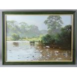 TONY WOODING oil on canvas - river scene with grazing sheep on the bank, signed, 45 x 65 cms
