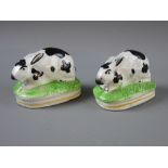 A PAIR OF RECUMBENT STAFFORDSHIRE POTTERY RABBITS on oval grassy bases, 19th Century, 8 cms long