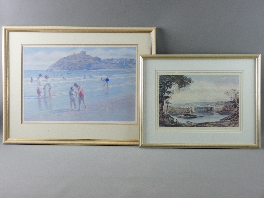 STEVEN JONES coloured limited edition (35/850) print - Criccieth Beach with figures, signed, 28.5