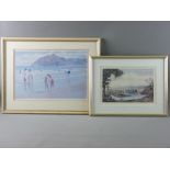 STEVEN JONES coloured limited edition (35/850) print - Criccieth Beach with figures, signed, 28.5