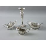 A HALLMARKED SILVER CREAM JUG AND BOWL, bud vase and a lidded mustard pot with spoon, various