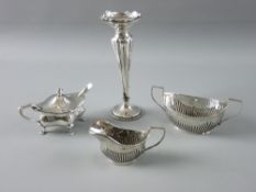 A HALLMARKED SILVER CREAM JUG AND BOWL, bud vase and a lidded mustard pot with spoon, various