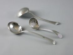 TWO PLAIN SILVER GEORGIAN SAUCE LADLES, 1804, 1.1 troy ozs, 18th Century, 1.3 troy ozs and a sugar