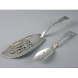 A SILVER FIDDLE PATTERNED FISH SLICE, 3.7 troy ozs, London 1819 and a bright cut silver butter knife
