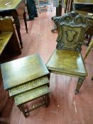 A VICTORIAN MAHOGANY SHIELD BACK HALL CHAIR and a nest of three vintage oak side tables