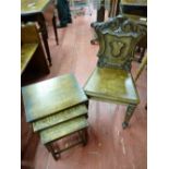 A VICTORIAN MAHOGANY SHIELD BACK HALL CHAIR and a nest of three vintage oak side tables
