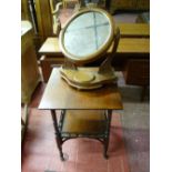 A VICTORIAN MAHOGANY SWING TOILET MIRROR and a two tier Edwardian table with galleried under shelf