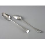 A PAIR OF LONG HANDLED GEORGIAN SILVER SERVING SPOONS, 7.3 troy ozs, London 1803/1804, maker Smith &