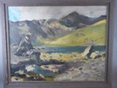 HOWARD MORGAN (1949 -) oil on canvas - powerful landscape of Llyn Llydaw and Snowdon with seated