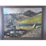 HOWARD MORGAN (1949 -) oil on canvas - powerful landscape of Llyn Llydaw and Snowdon with seated