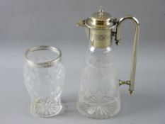 A FINE QUALITY ETCHED & CUT GLASS CLARET JUG with electroplated collared and hinged lid and long