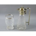 A FINE QUALITY ETCHED & CUT GLASS CLARET JUG with electroplated collared and hinged lid and long