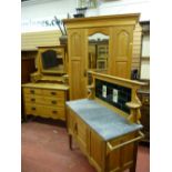 AN EXCELLENT THREE PIECE SATIN PINE BEDROOM SUITE of single mirror door wardrobe with lower