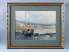 EARLY 20th CENTURY ENGLISH SCHOOL watercolour - river bridge with beached boats, 24 x 34 cms