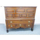 A GEORGE III OAK MULE CHEST, well coloured peg-joined construction with lidded top over a seven