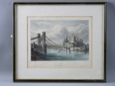 W CRANE, CHESTER early hand tinted print - Conwy Castle and Suspension Bridge, published by Potter &