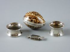 FOUR ITEMS OF SMALL SILVER to include a Tiger Cowrie shell container marked 'Italy 925', two