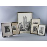 A BLACK & WHITE PRINT - St Giles Church, Wrexham, 50 x 35 cms and five coloured engravings -