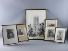 A BLACK & WHITE PRINT - St Giles Church, Wrexham, 50 x 35 cms and five coloured engravings -