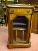 A VICTORIAN INLAID WALNUT MUSIC CABINET, the top section with urn inlay and shallow brass rail above