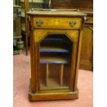 A VICTORIAN INLAID WALNUT MUSIC CABINET, the top section with urn inlay and shallow brass rail above