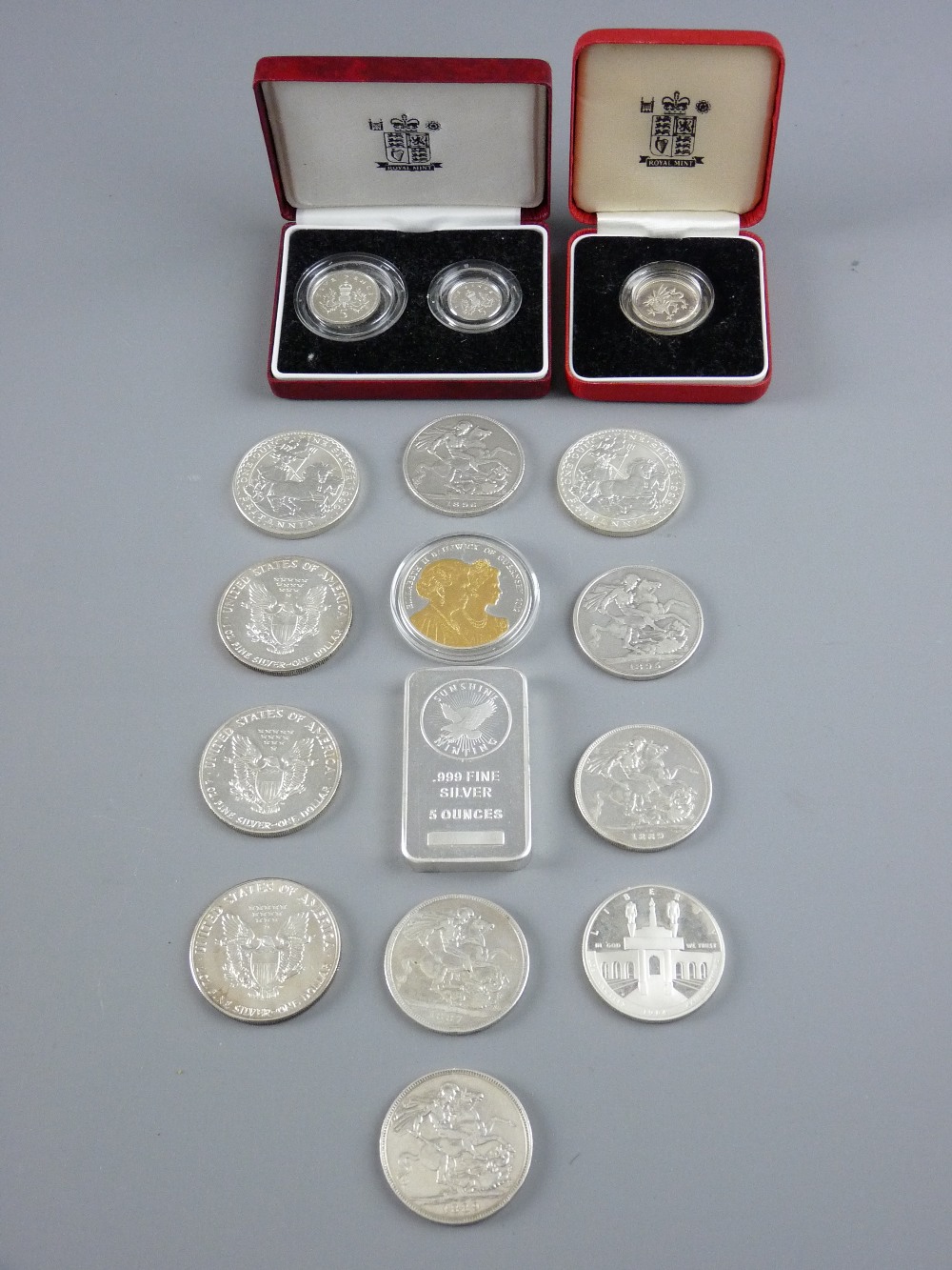 A 5oz SILVER INGOT AND SILVER COIN COLLECTION including five Victoria Crowns, 1887, two 1889, 1895