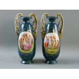 A PAIR OF VICTORIA AUSTRIA TWIN HANDLED VASES, green ground with oval figural panels, 27 cms high