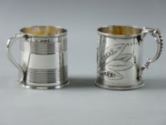 A SMALL SILVER MUG with twin strapwork banding and, possibly Jewish inscription, 3.2 troy ozs,