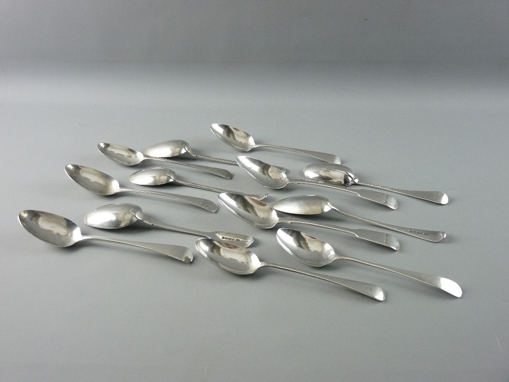 A PARCEL OF SIX PAIRS OF GEORGIAN SILVER SERVING SPOONS and a single serving spoon, 25 troy ozs