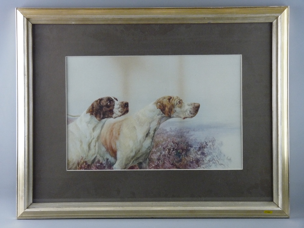 MAUD EARL coloured print - study of hunting dogs, facsimile signature lower right, 34.5 x 53 cms