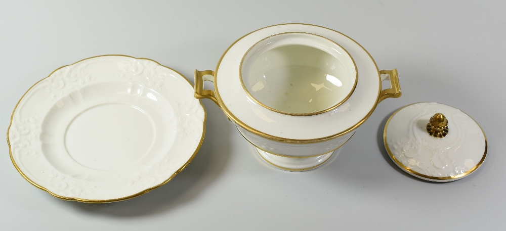 A SWANSEA PORCELAIN GILDED TUREEN, COVER & STAND, the tureen of circular pedestal form with - Image 2 of 2