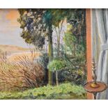 FELICITY CHARLTON oil on board - coastal scene from window with trees, signed verso and inscribed '