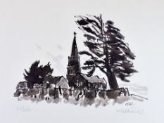 SIR KYFFIN WILLIAMS RA limited edition (23/250) monochrome print - church with church yard and