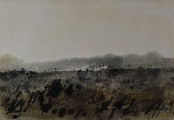 JOHN KNAPP FISHER watercolour - distant cottages in landscape with hillside, entitled verso '