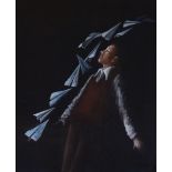 JAMES DONOVAN acrylic on canvas - leaning figure with paper aeroplanes on a dark background,